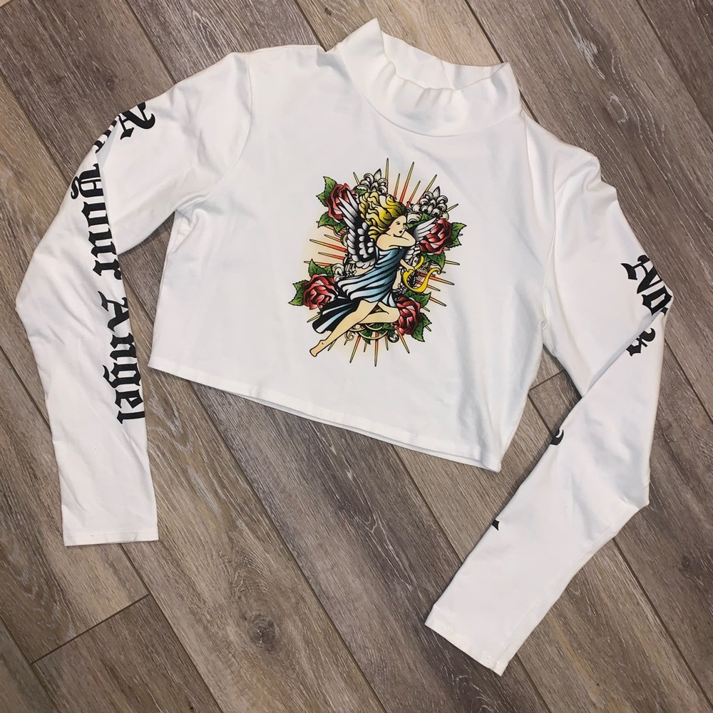 mock neck white graphic crop top